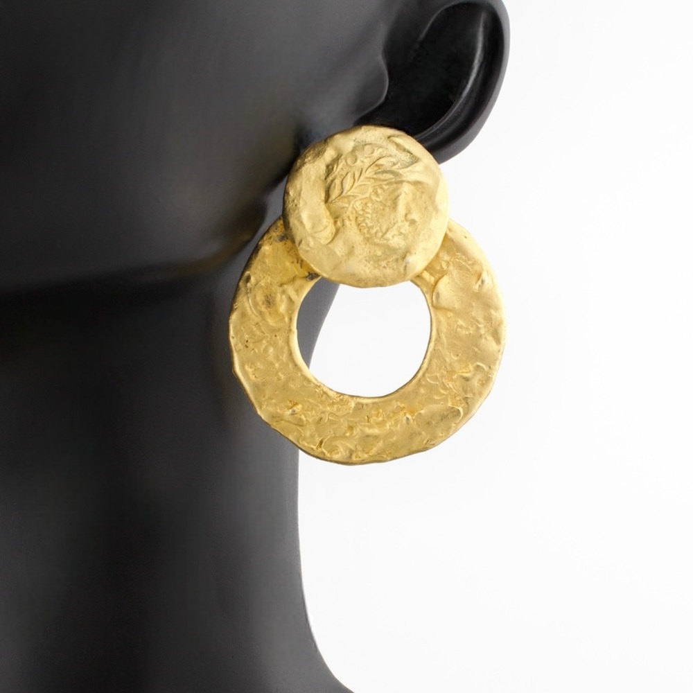 Vintage Gold Tone Cameo Coin Doorknocker Earrings Large Dangle Roman Greek Style